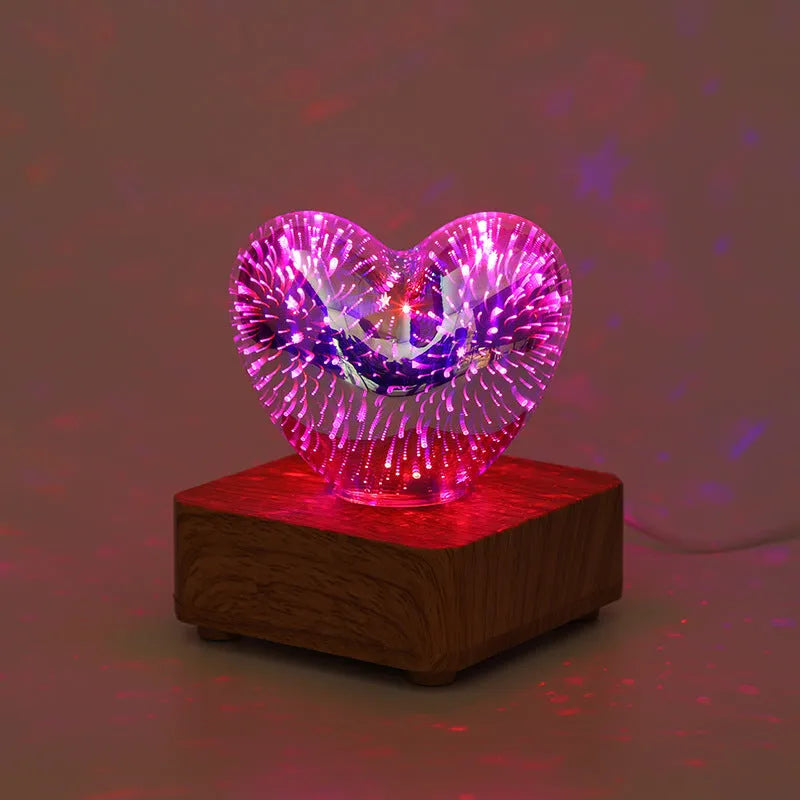 3D love glass small night lamp silver colour USB powered with electroplated glass and wood base 73x84mm