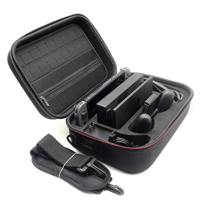 Black EVA hard shell game console storage bag with accessory compartments
