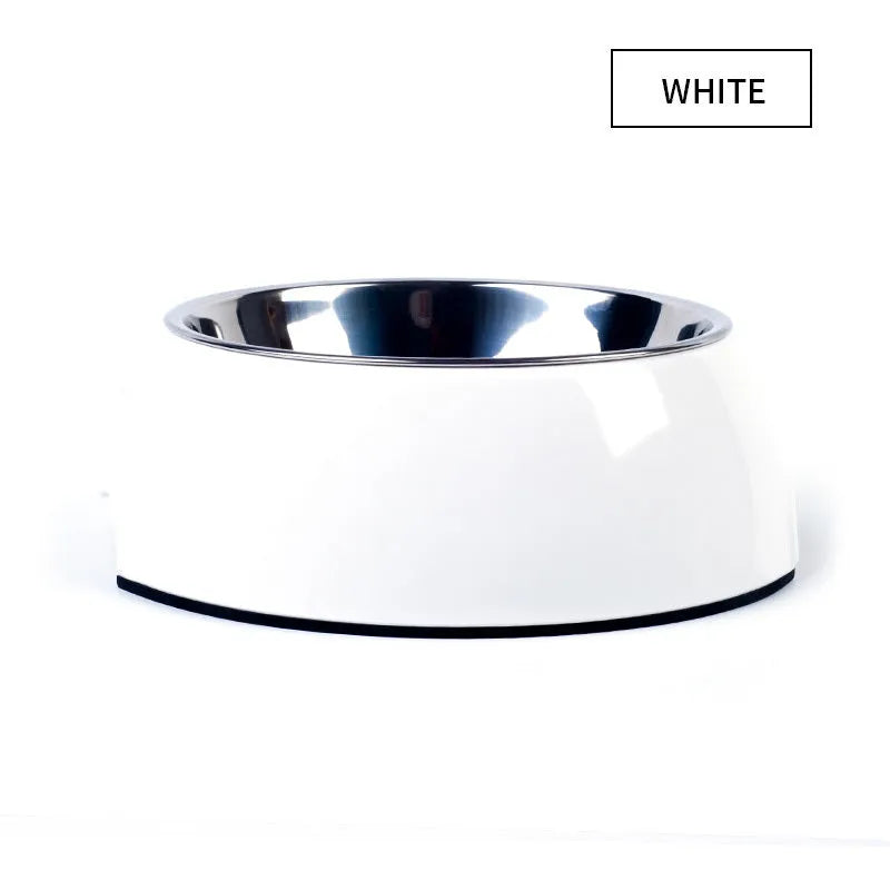 Food grade stainless steel pet dog bowl with detachable melamine shell, thickened construction, available in multiple colours and sizes
