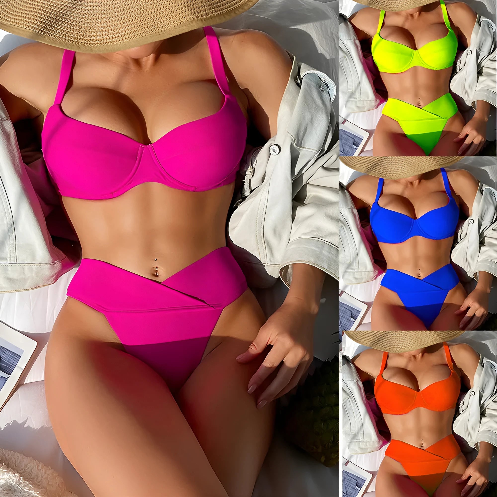 Women's solid colour bikini swimsuit in briefs style for swimming.