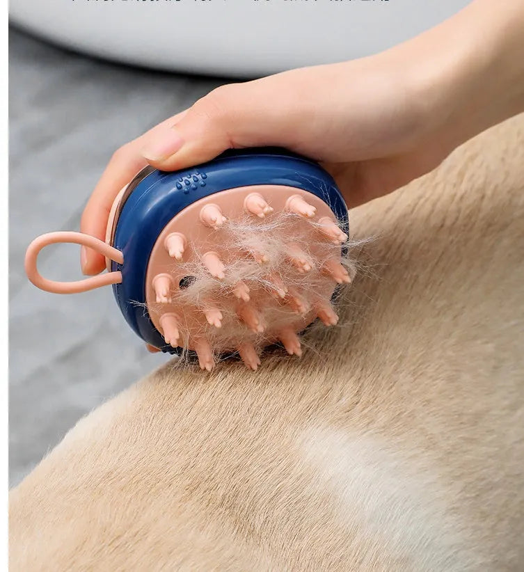 Blue 2-in-1 pet grooming brush with shampoo dispenser for bathing cats and dogs