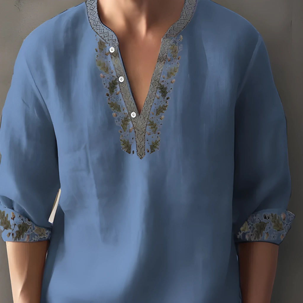 Men's 3D digital printing bamboo linen long sleeve pullover loose fit casual top spring autumn
