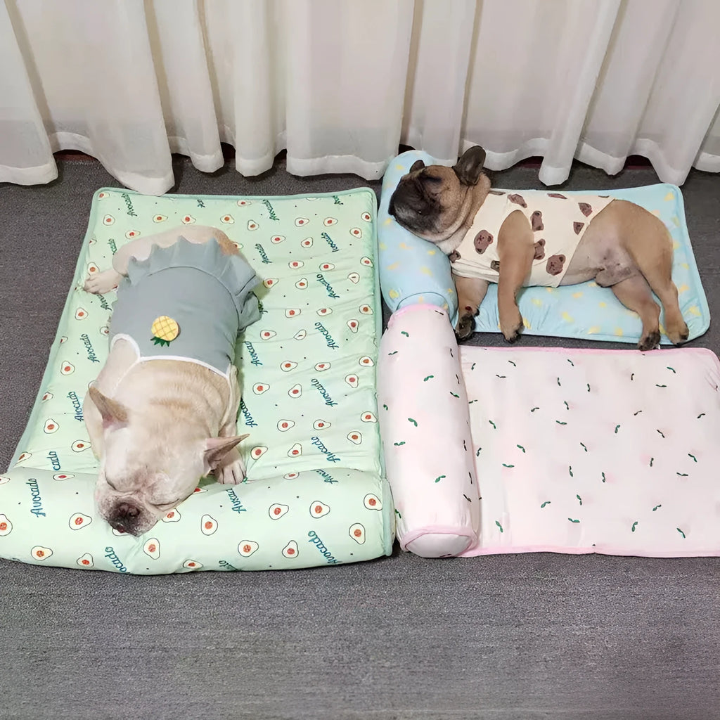Ice silk cooling pet mat with pillow, non-slip bottom, in pink cherry, blue banana, or green avocado.