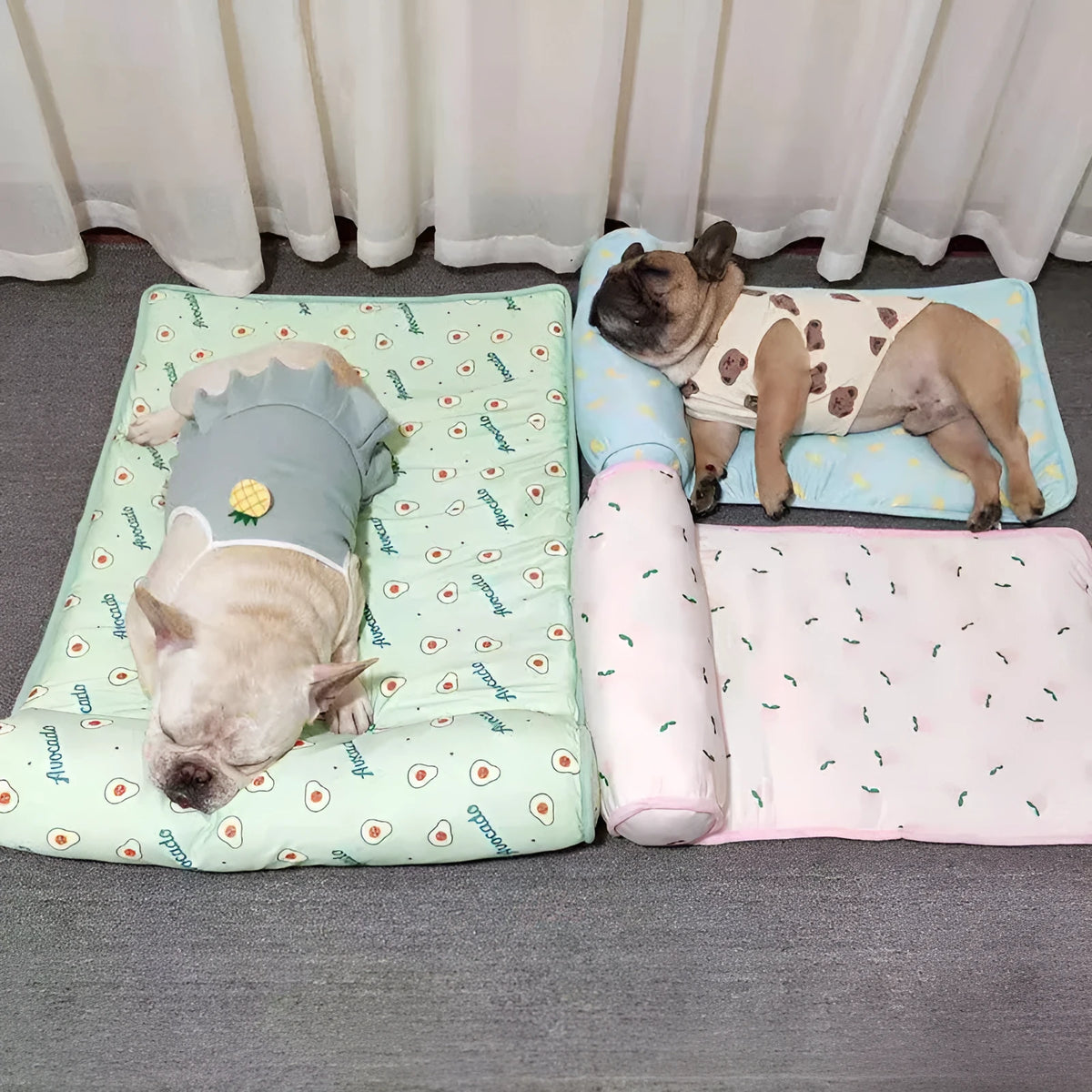 Ice silk cooling pet mat with pillow, non-slip bottom, in pink cherry, blue banana, or green avocado.