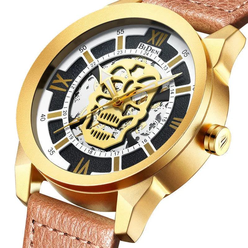 Men's hollow dial quartz watch with calendar and brown leather strap