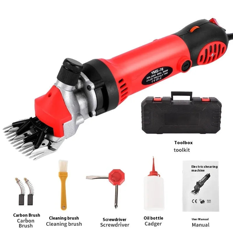 Yellow electric wool shearing handpiece with 110V plug, multiple steel blades, and maintenance tools in a plastic box.