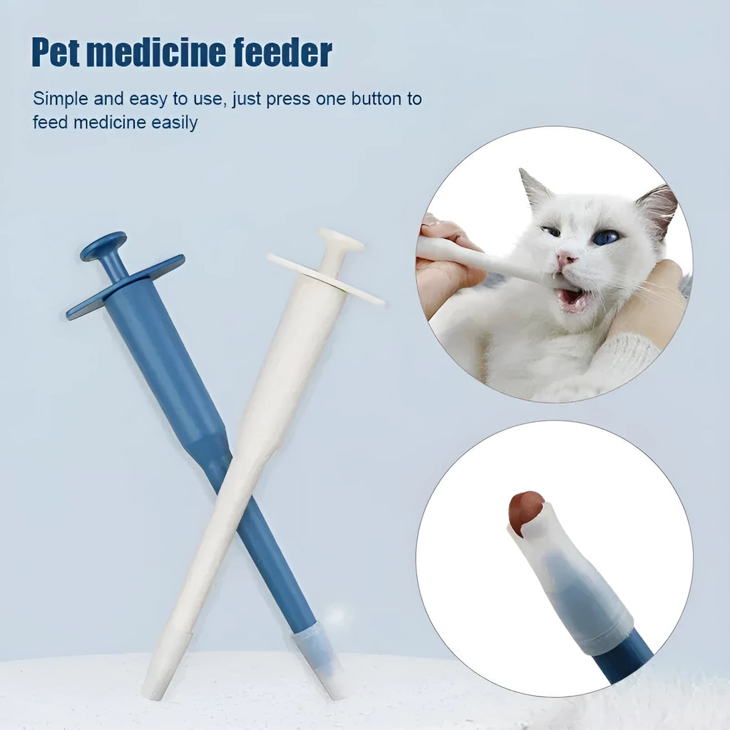 Pet medicine feeder push dispenser for cats dogs blue white plastic syringe tube