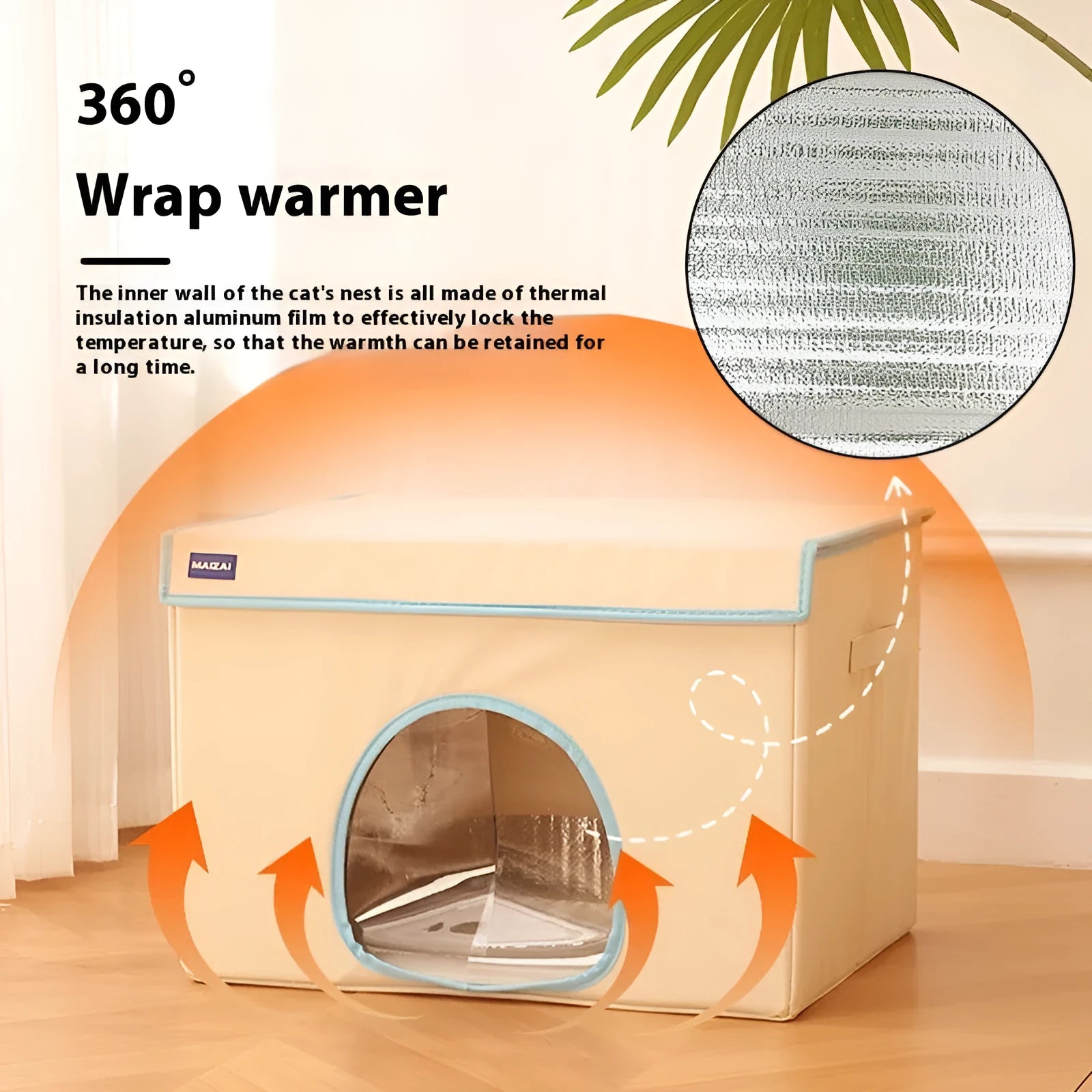 Beige and sky blue heated dog nest bed with removable cover, shown in medium 50cm and large 60cm sizes.