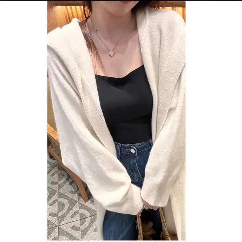 Women's long grey knitted cardigan with hood in a loose Korean-style fit