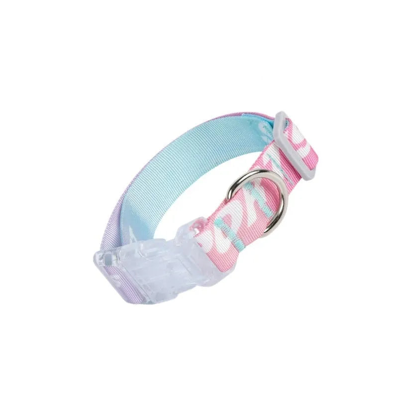 Adjustable nylon dog collar with cartoon gradient print and a black plastic quick-release buckle on a white background.