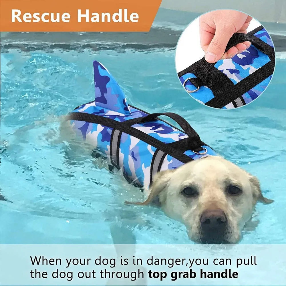 Dog lifesaving swimming suit in camouflage shark design, available in blue or rose red, sizes XS to XXL