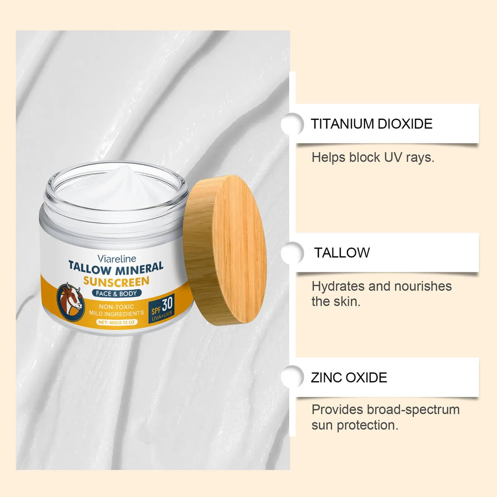 60g tube of cow fat moisturising sunscreen for facial UV protection with mineral filters.