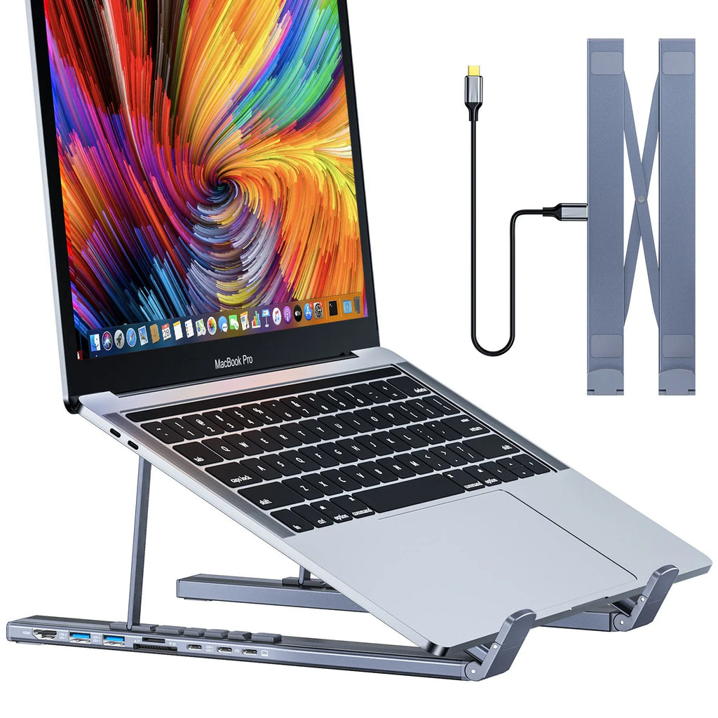 Aluminium alloy laptop docking station stand with folding design and integrated 8-in-1 HUB interfaces