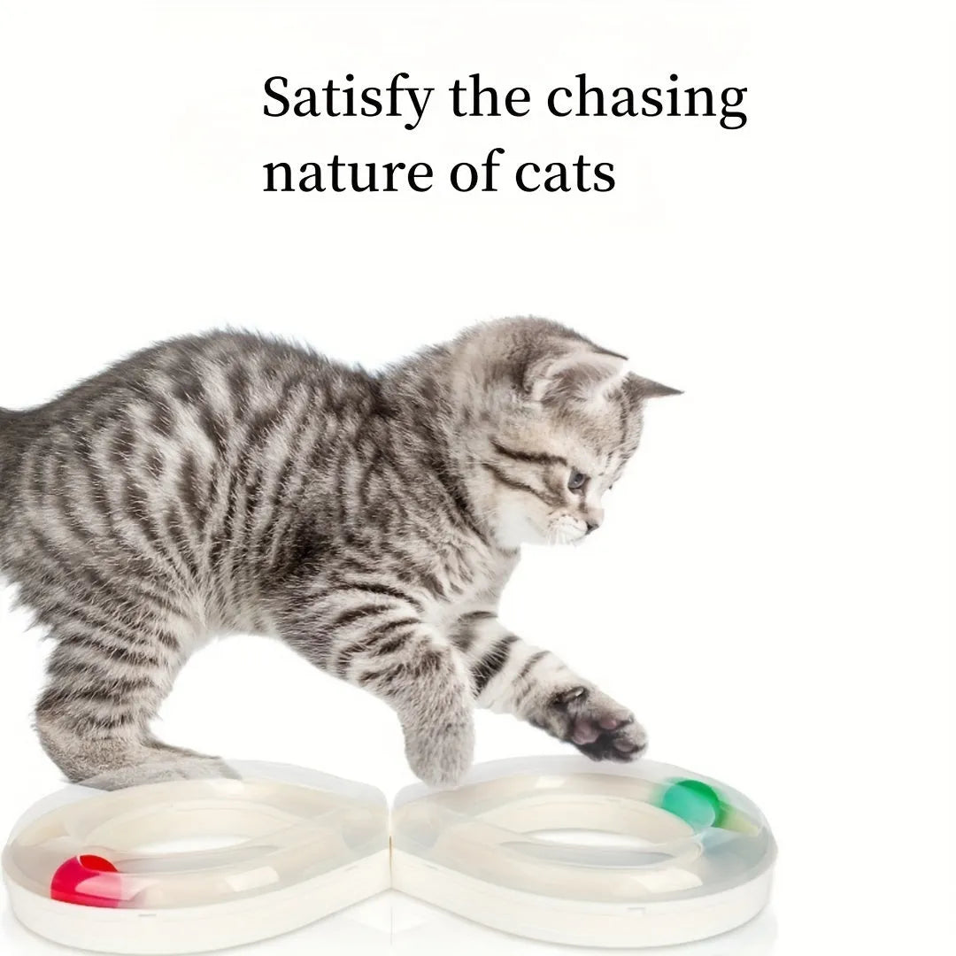 Blue and white self-moving cat turntable track toy with teasing stick for interactive play.