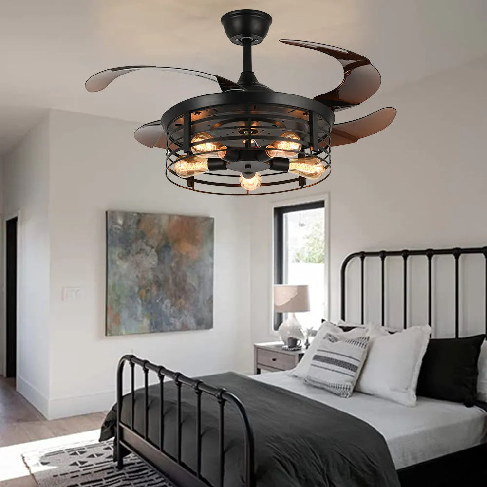 American retro style ceiling fan lamp with invisible retractable blades and acrylic shade, remote control on side.