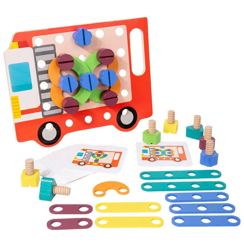Children twist screws changeable shape matching wooden puzzle in colourful design