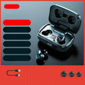 Black wireless in-ear earphones with Bluetooth 5.0 on a white background.