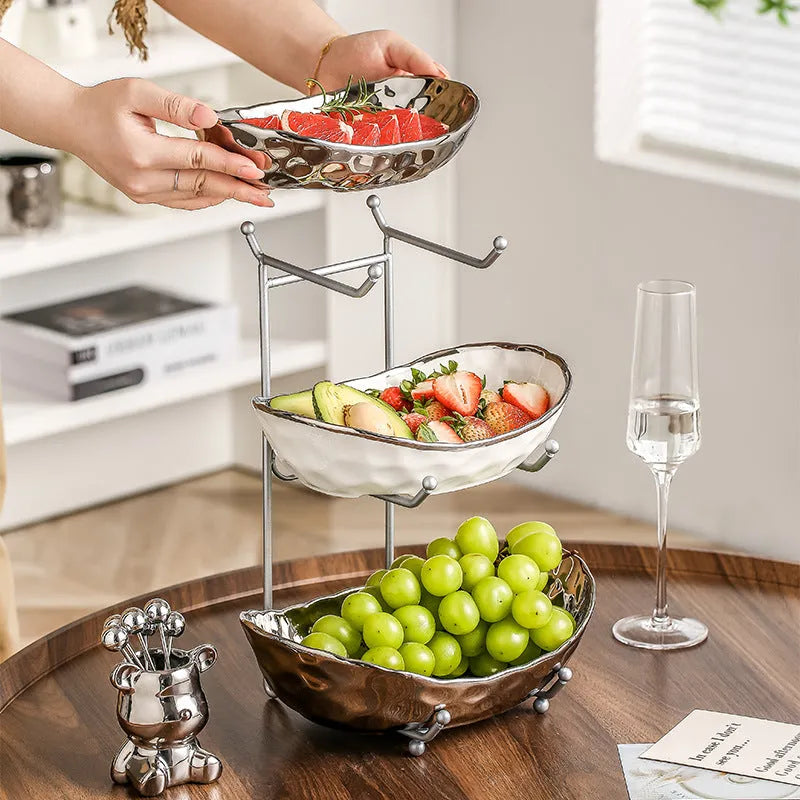Multi-layer ceramic fruit tray with gold frame and electroplated stone texture