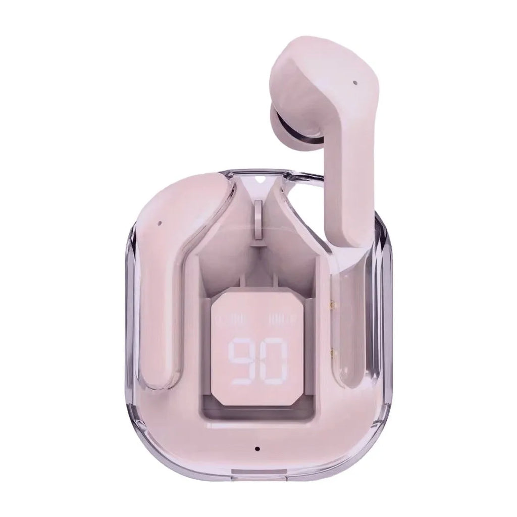 Transparent space capsule case containing true wireless Bluetooth earphones in various colour options