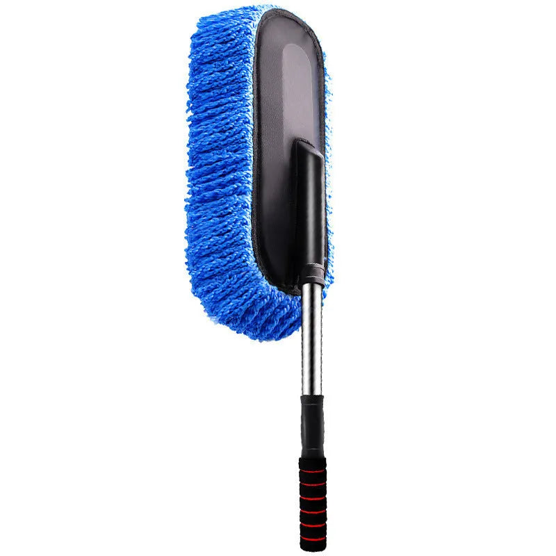 Blue retractable car wash mop with nano fibre head extending from 75cm to 86cm on a car bonnet