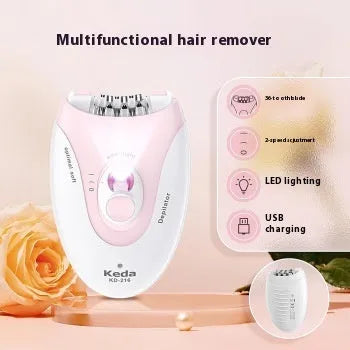 Portable USB-powered electric epilator in colour KEDA-216 with cleaning brush.