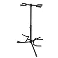 Black iron vertical double-headed guitar stand holding two guitars
