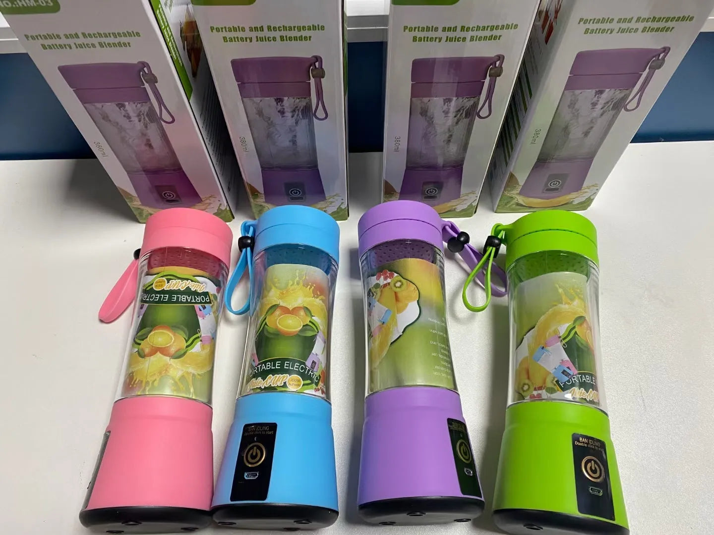 Portable USB rechargeable blender with six blades and 380ml pink cup