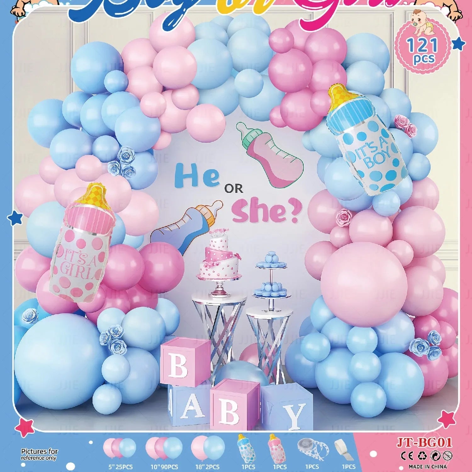 Gender reveal balloon decoration kit with aluminum foil round balloons, pink bottle, blue bottle, and ribbon