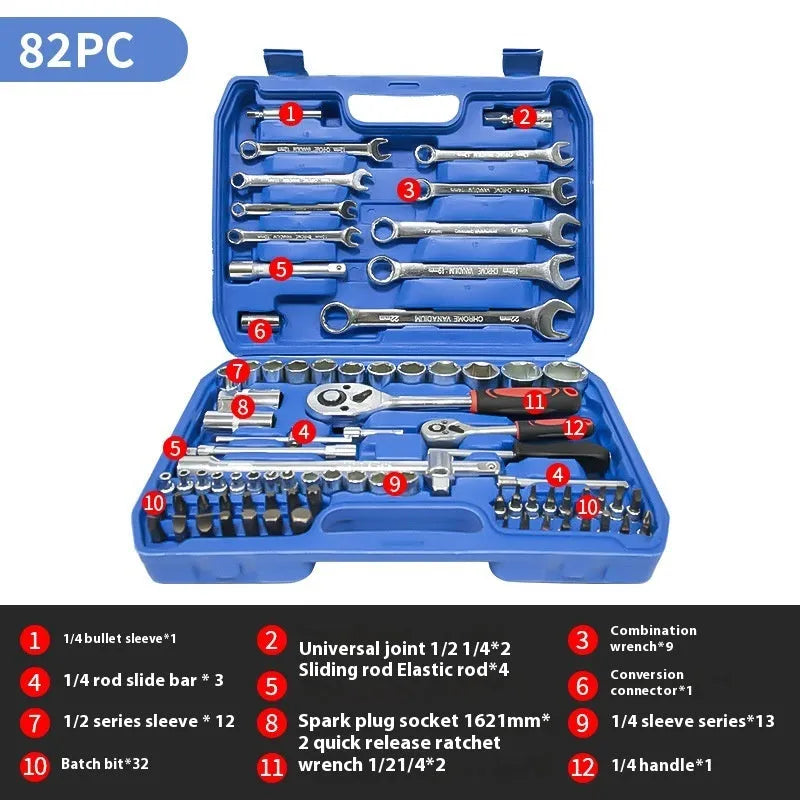 82-piece auto repair tool set with ratchet wrench and combination tools in a galvanised blue case