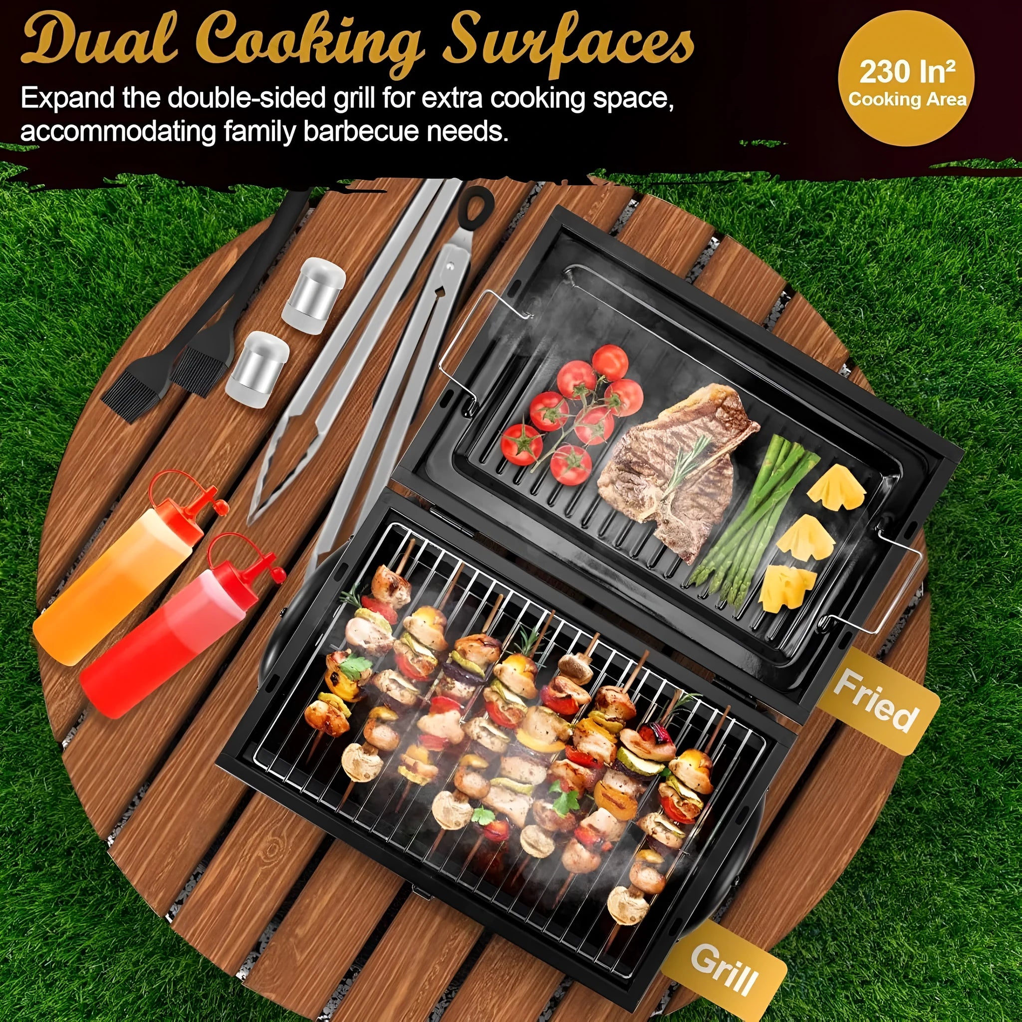 Small black folding desktop charcoal barbecue grill with temperature control knob