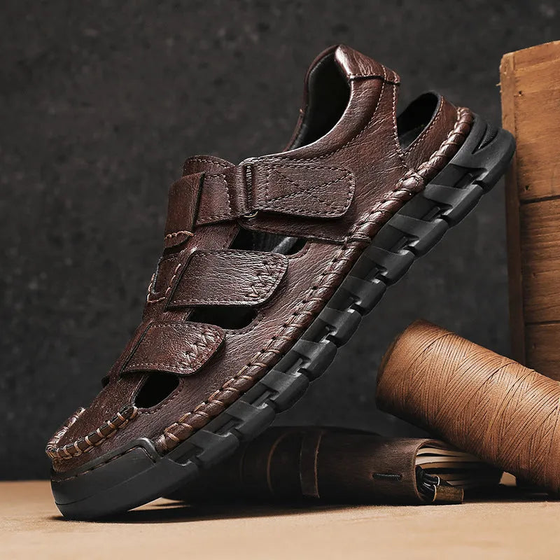 Men's brown PU leather non-slip sandals with round toe and EVA sole on a neutral background