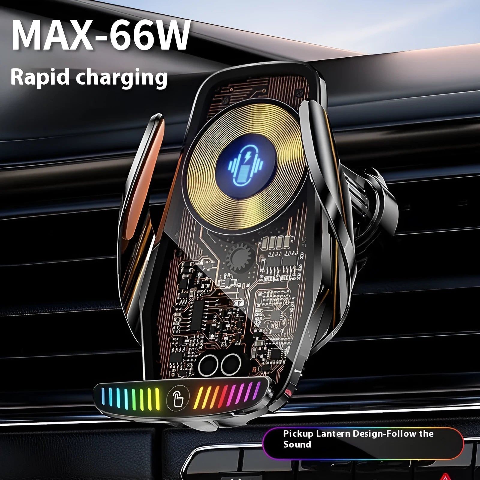 Super fast charging car phone holder with magnetic suction and 15W wireless output in black