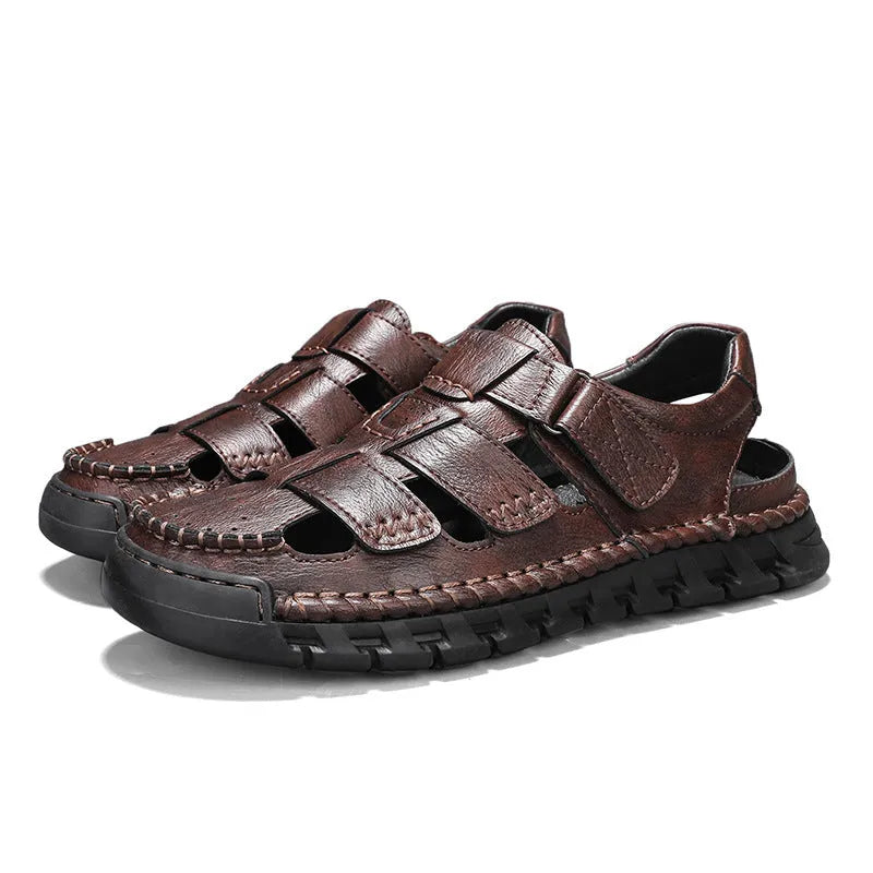 Men's brown PU leather non-slip sandals with round toe and EVA sole on a neutral background