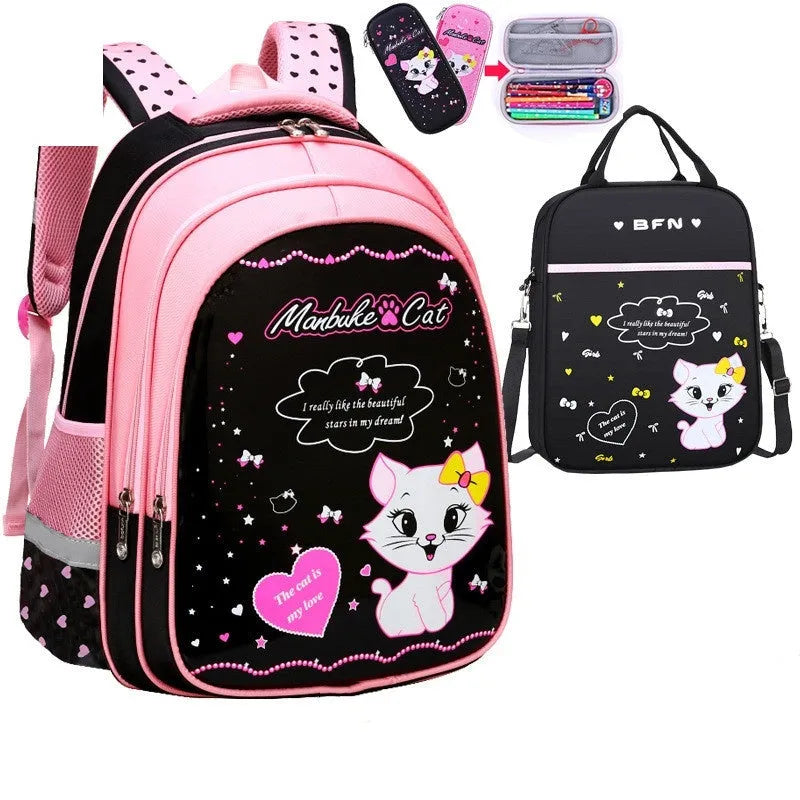 Blue kids school backpack with cute cat print showing front zipper compartment and shoulder straps