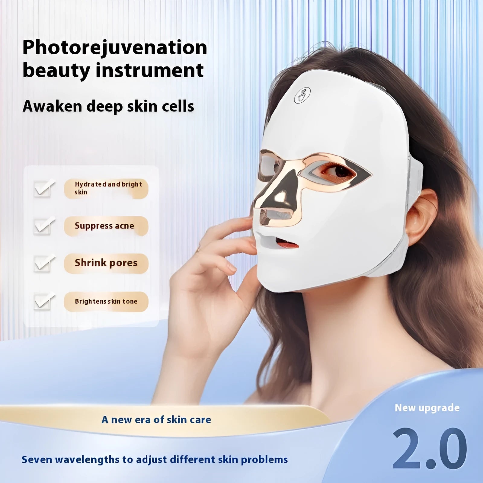 Rechargeable LED beauty mask with touch controls on a white gold edge finish.