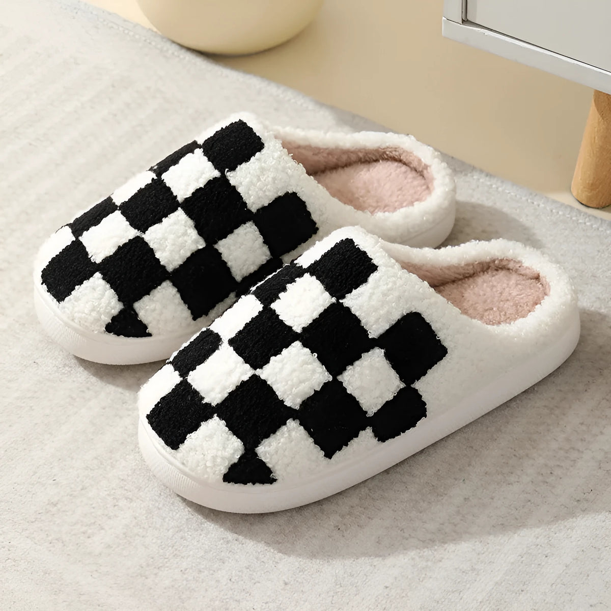 Checkerboard print winter house slippers with suede upper and TPR sole in black, watermelon red, blue and green
