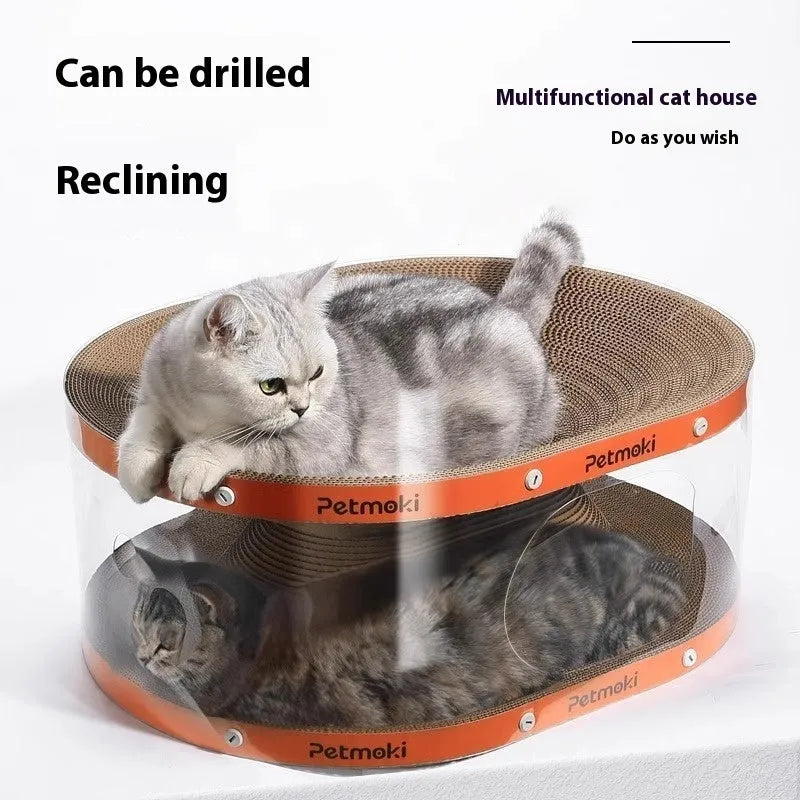 White transparent PVC tunnel cat scratch board nest with corrugated cardboard panels, dimensions 58x45x23cm