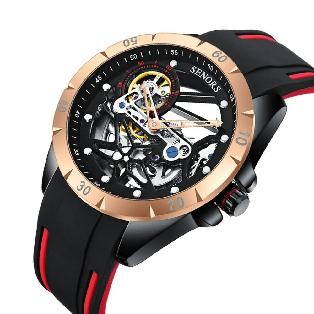 Men's skeleton automatic watch with rose gold finish showing mechanical movement through open dial
