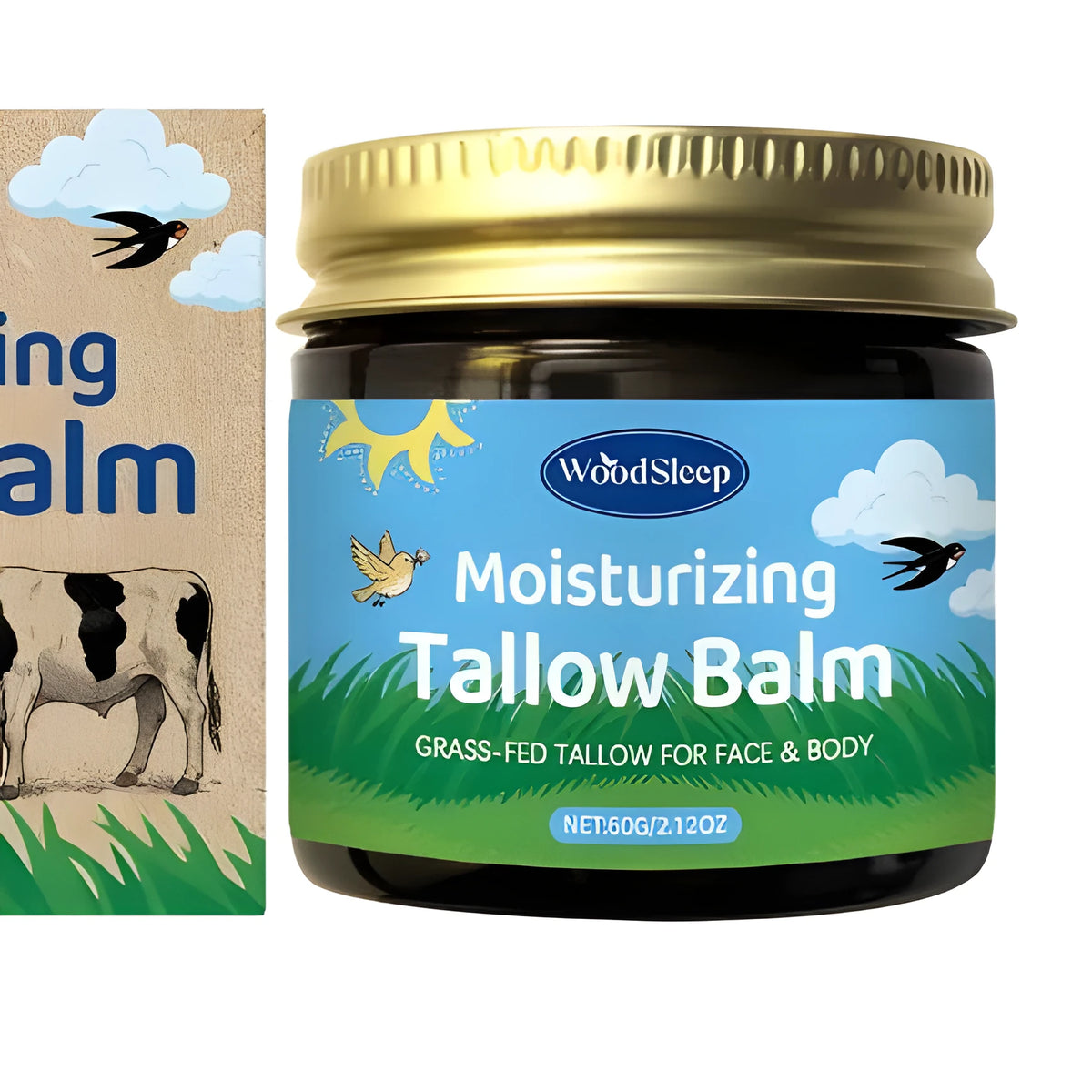 Cow fat moisturising skincare cream 60g jar on white background