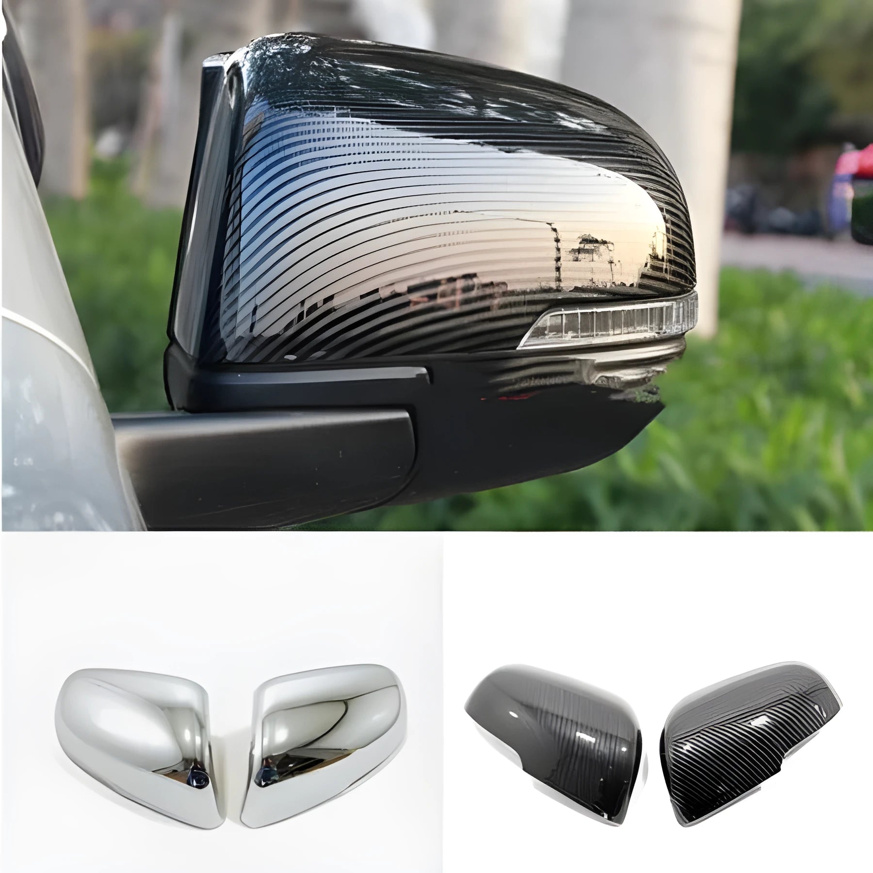 Car rearview mirror protection covers in silver and black finishes
