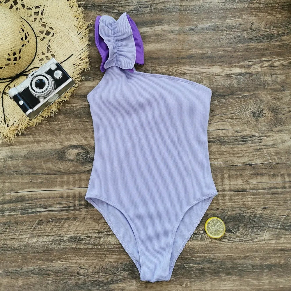 Single-shoulder high-waist one-piece swimsuit for women in solid colour