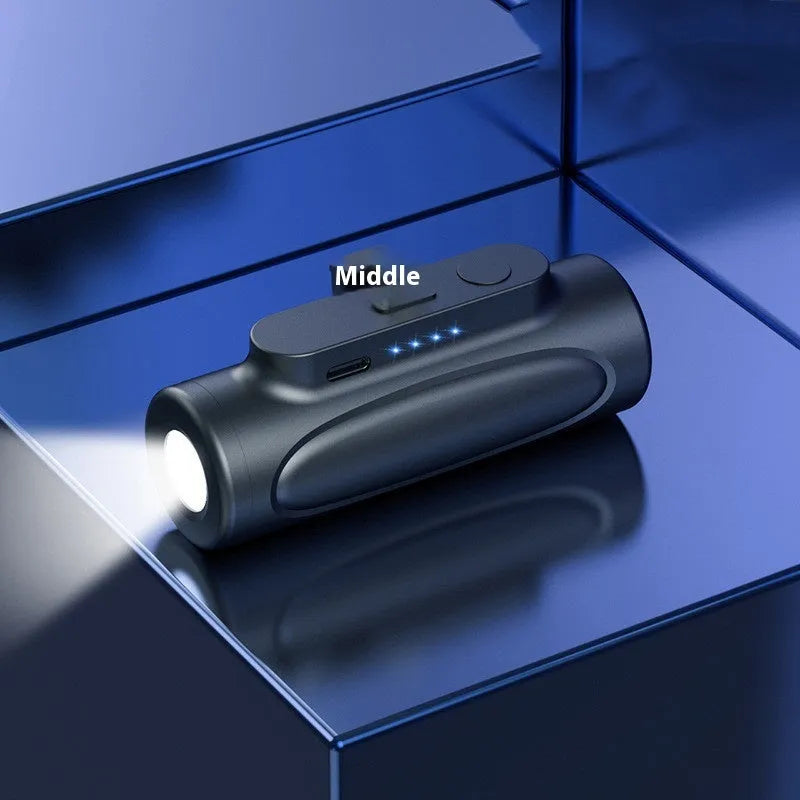 Black Creative Glare Power Bank showing USB-C port and LED flashlight on a compact plastic body.