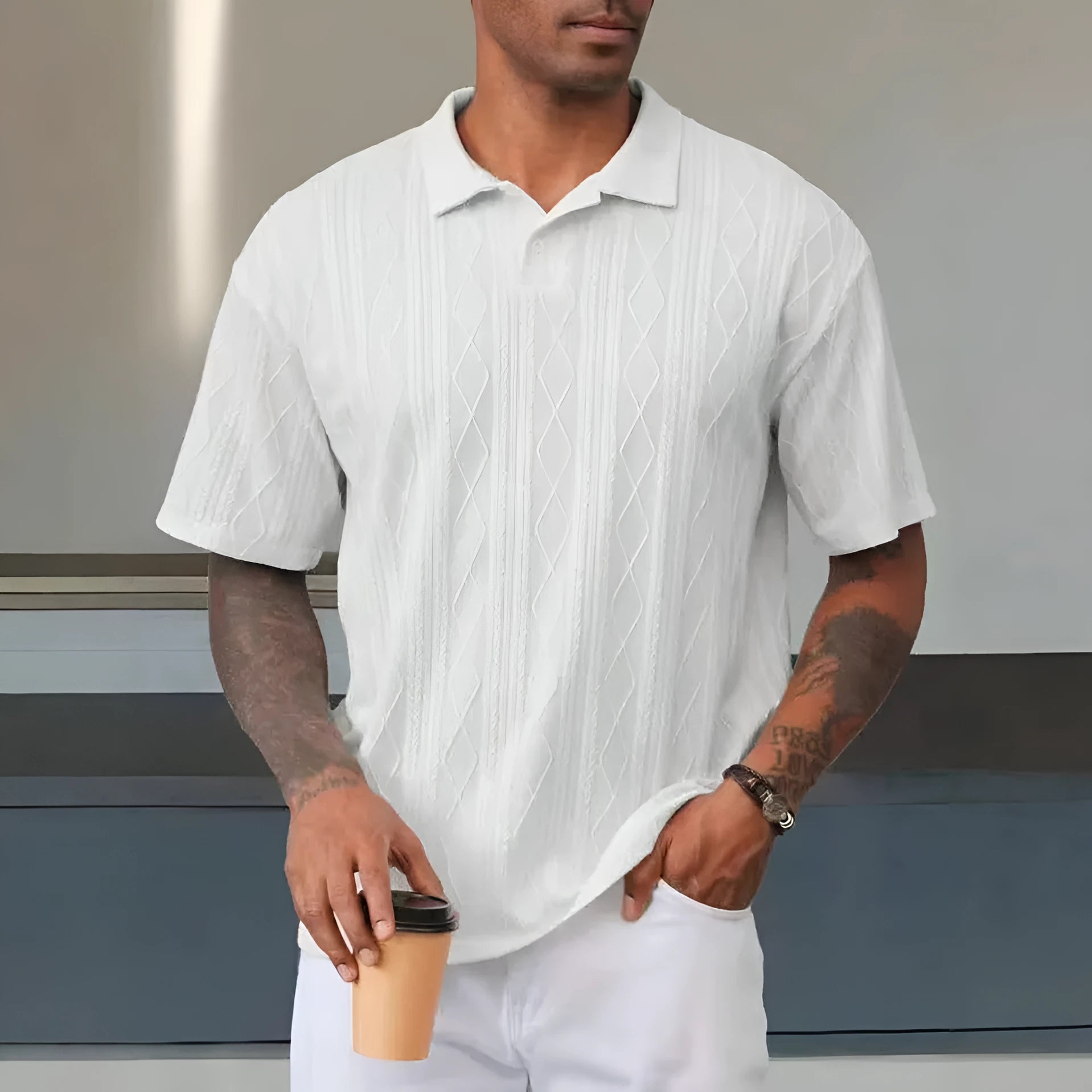 Retro button lapel short sleeve t-shirt in cotton blend fabric with loose fit design