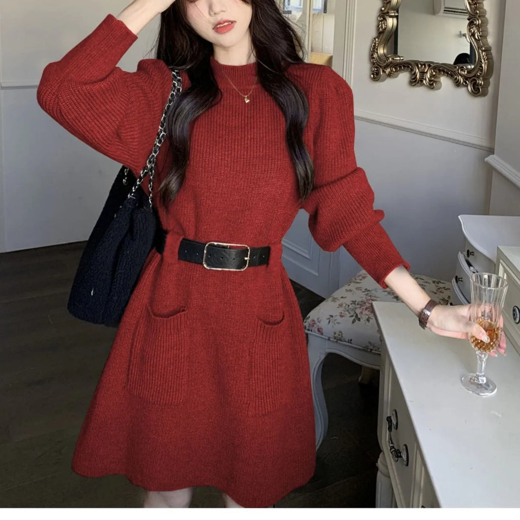 Women's long sleeve loose knitted high waist dress with black belt in beige, black, striped, khaki, or red colours