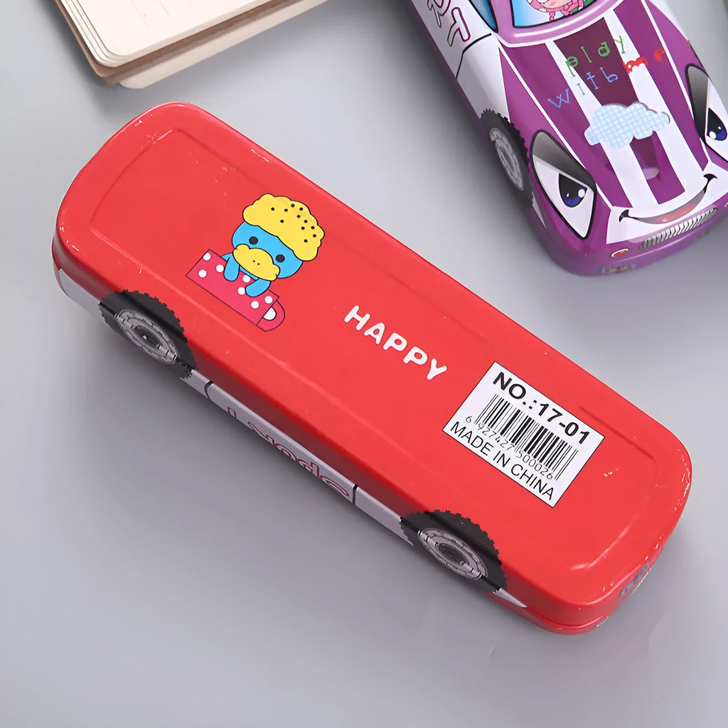 Tinplate racing car stationery box with cartoon patterns and double-layer design