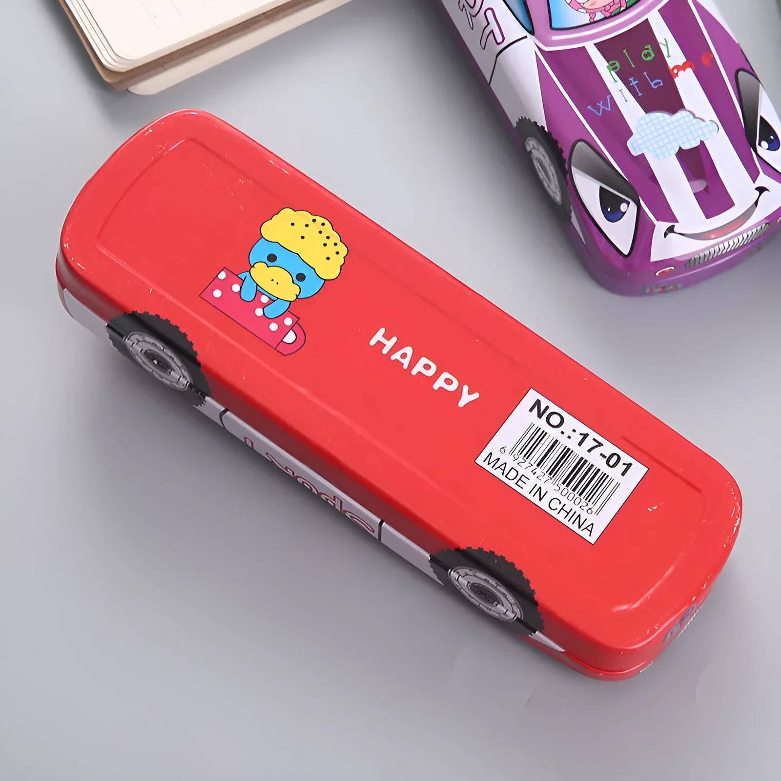 Tinplate racing car stationery box with cartoon patterns and double-layer design