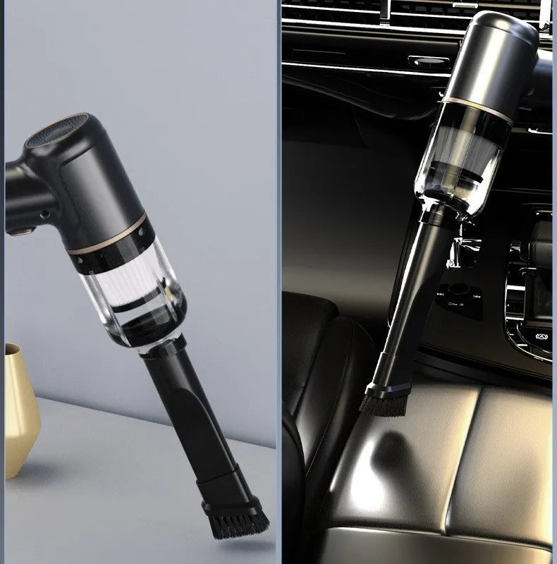 Black wireless handheld car vacuum cleaner with assorted nozzles and a USB cable