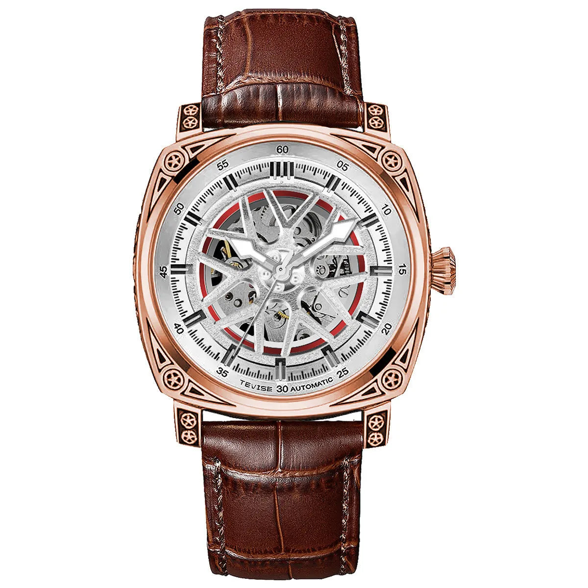 Men's automatic mechanical watch with stainless steel case and blue leather strap