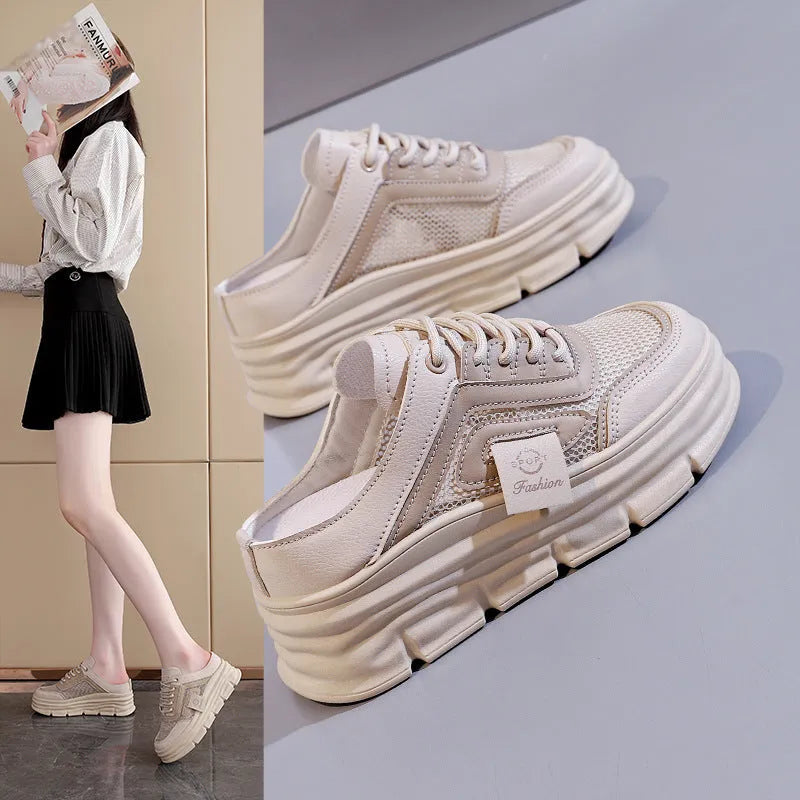 Women's breathable mesh half slippers with height-increasing insole in black, khaki or white