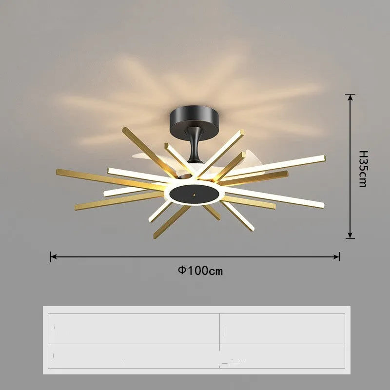 Nordic iron pendant fan lamp with LED light source in black finish, 85cm diameter